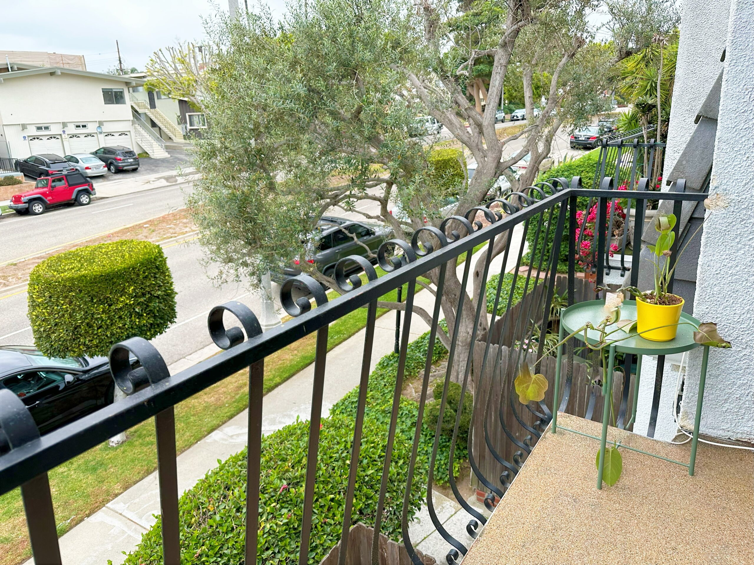 A balcony with a tree and bushes in the background.