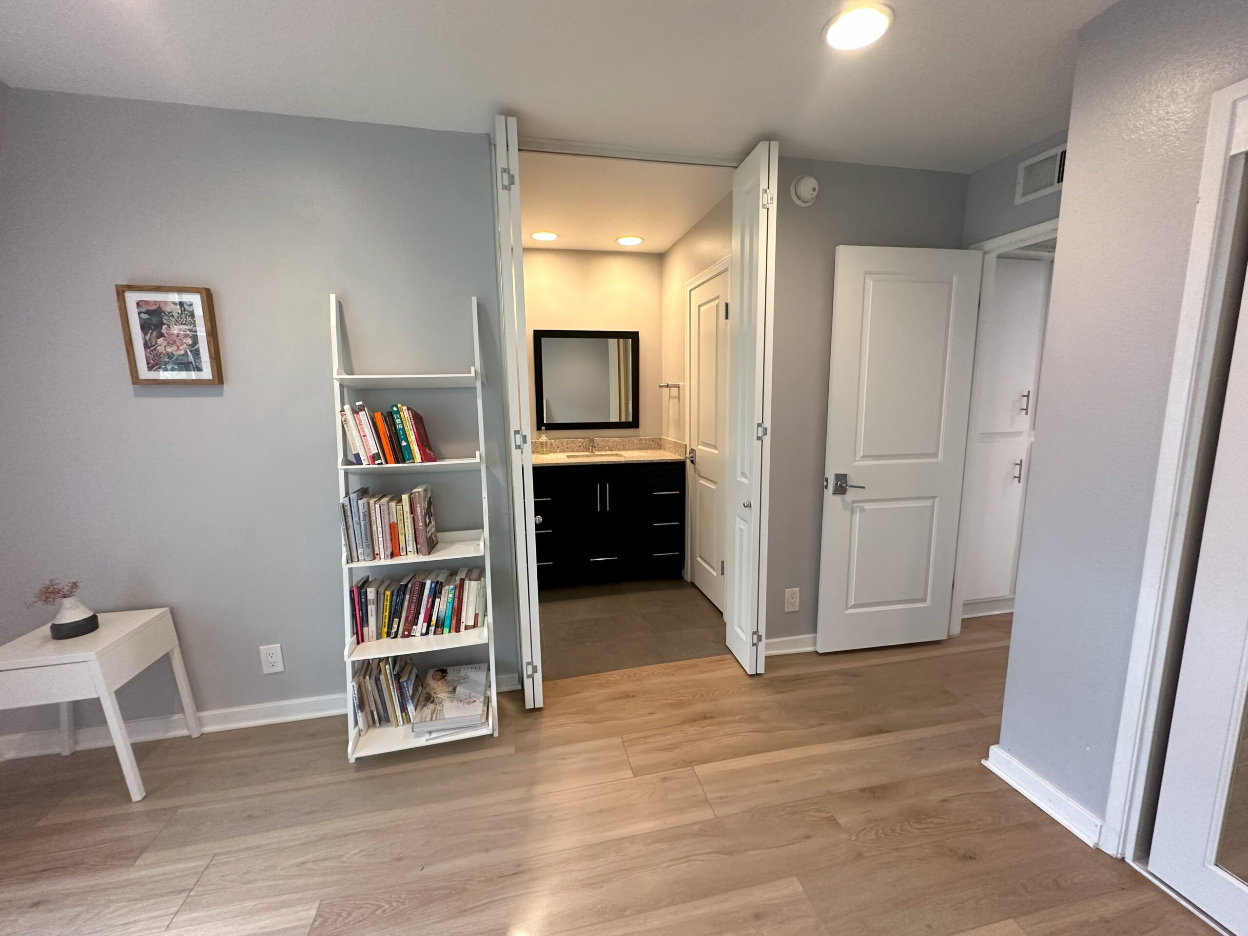 A room with a bookshelf and a mirror