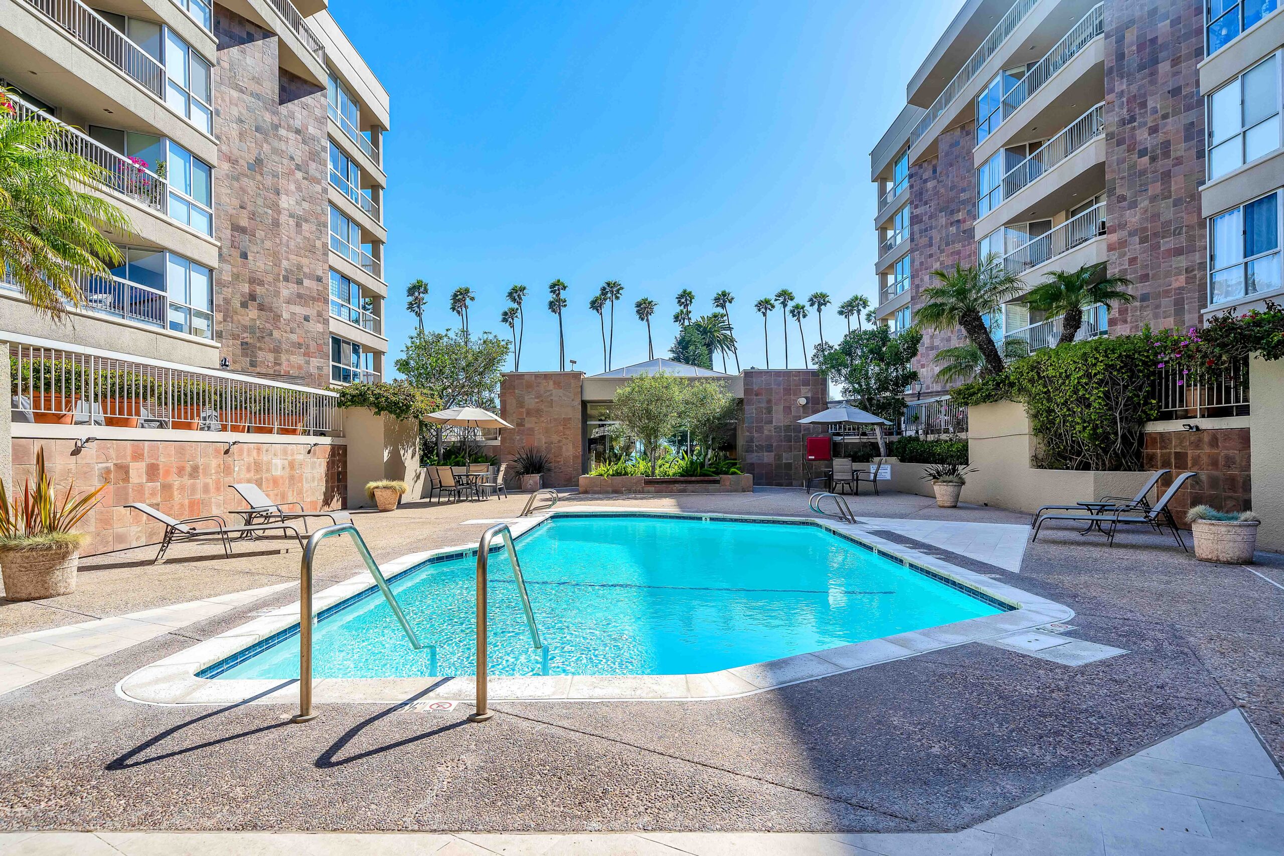 A pool with a view of the city and palm trees.