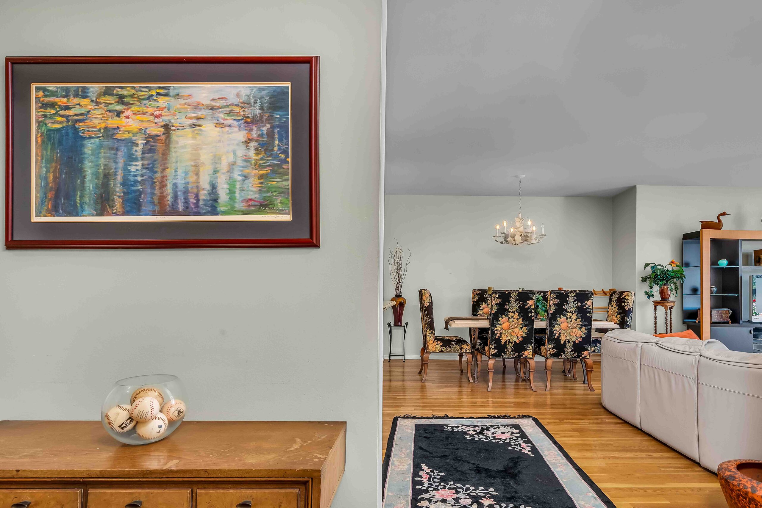 A living room with a couch and table