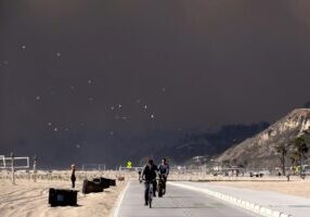 Two cyclists ride on a snowy road at dusk with birds flying overhead.